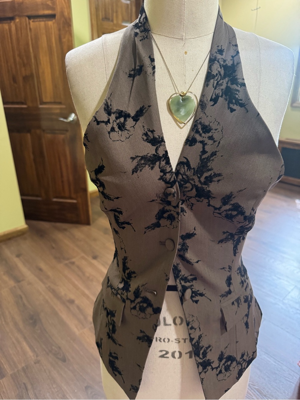 Reformation Brown Halter Button-Down Vest with Black Floral Print